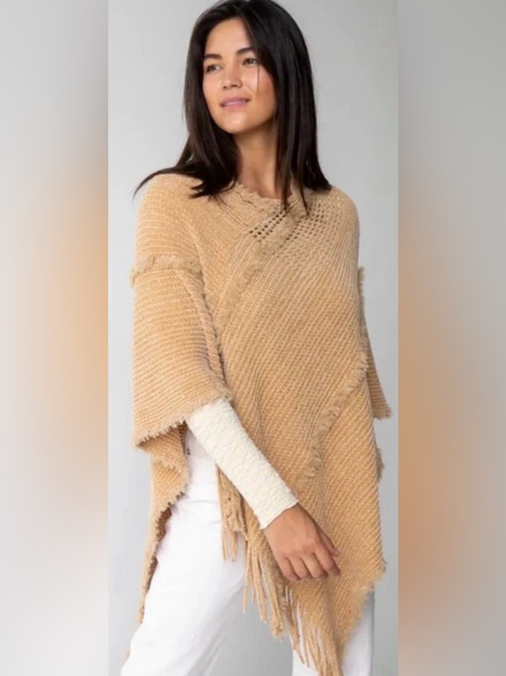 Natural Life Chenille Yarn Poncho Scarf Sweater Tan Women's One Size NWOT